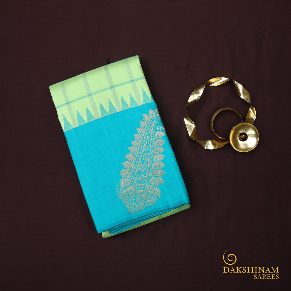 Handwoven Green with Blue Kanjivaram Silk Saree - 679T003093DSC