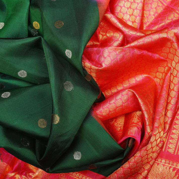 Handwoven Green with Pink Gadwal Silk Saree - 827T003452DSC - Fabric View