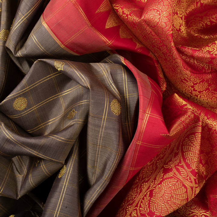 Handwoven Grey with Red Kanjivaram Silk Saree - 554T002921DSC - Fabric View