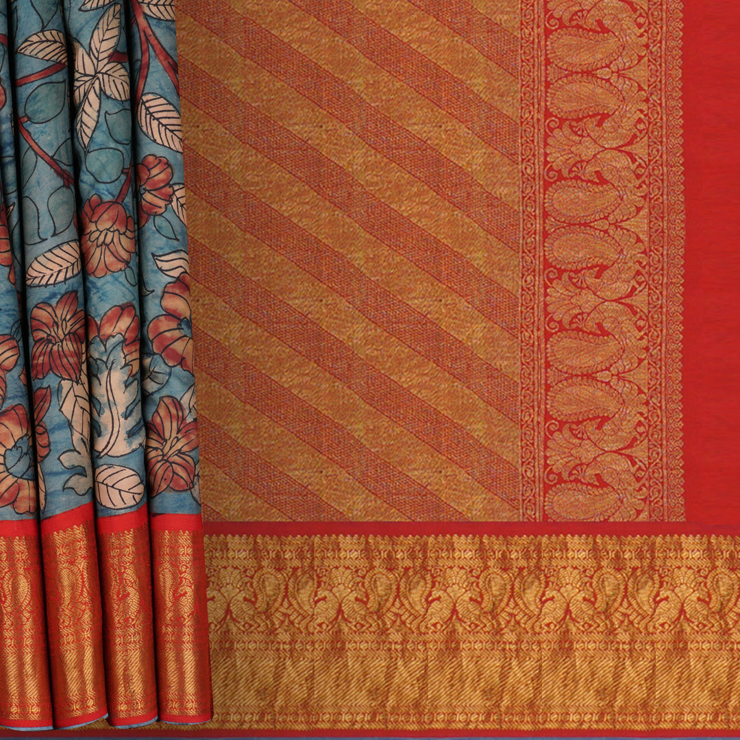 Handwoven Blue with Red Kalamkari Kanjivaram Silk Saree - 1609T005187DSC