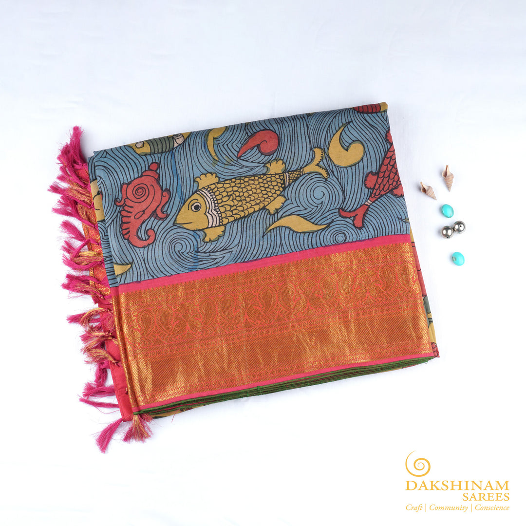 Handwoven Blue with Pink Kalamkari Kanjivaram Silk Saree - 1611T005191DSC