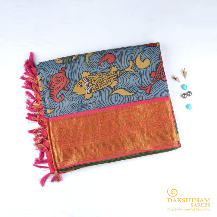 Handwoven Blue with Pink Kalamkari Kanjivaram Silk Saree - 1611T005191DSC