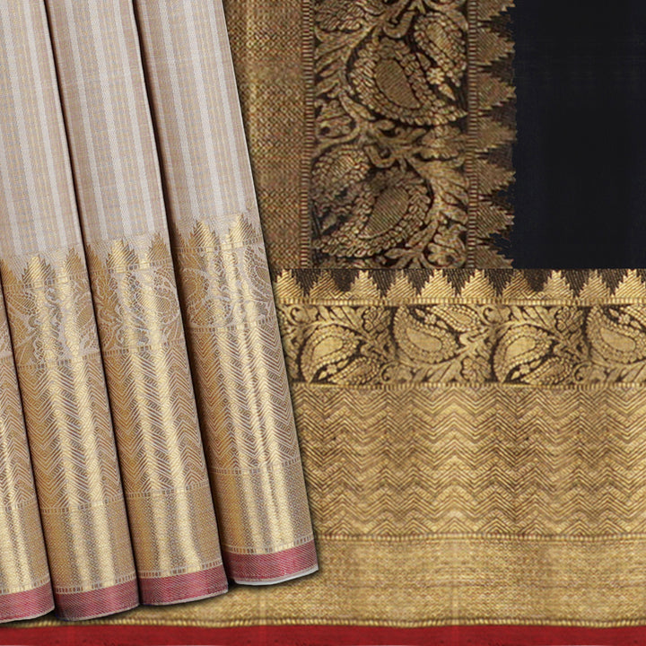 Handwoven Beige with Black Kanjivaram Silk Saree - 1550T006363DSC