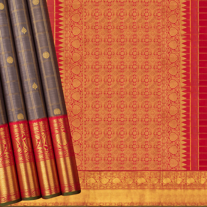 Handwoven Grey with Red Kanjivaram Silk Saree - 554T002921DSC - Cover View