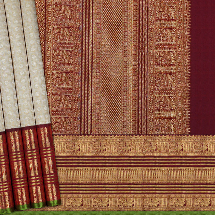 Handwoven Beige with Maroon Kajivaram Silk Saree - 1572T006383DSC