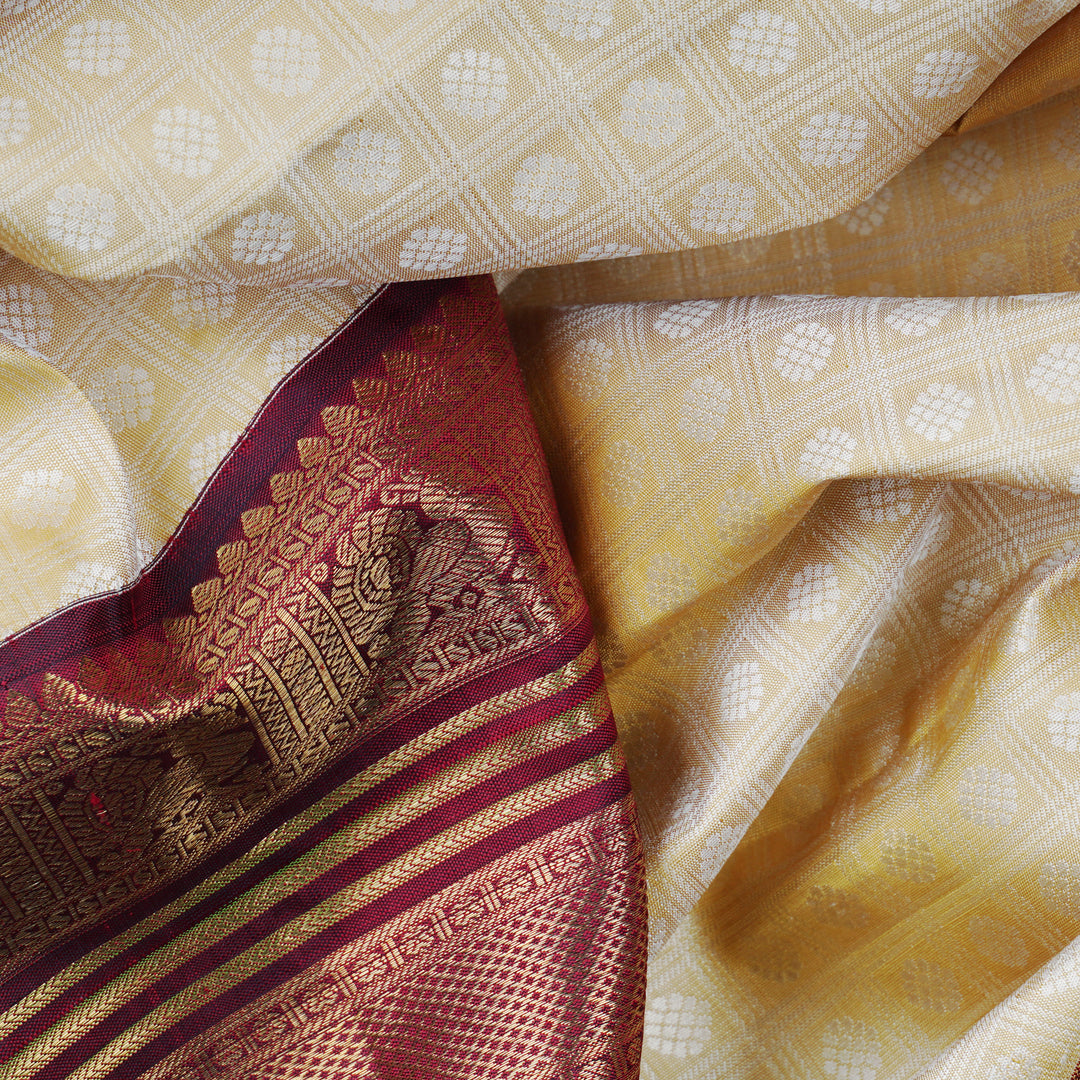 Handwoven Beige with Maroon Kajivaram Silk Saree - 1572T006383DSC