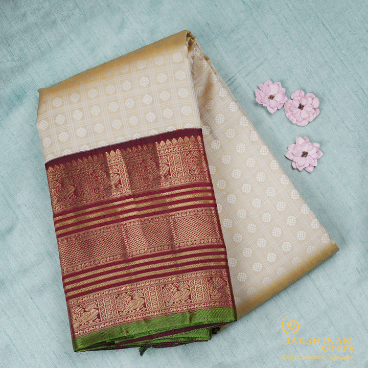 Handwoven Beige with Maroon Kajivaram Silk Saree - 1572T006383DSC