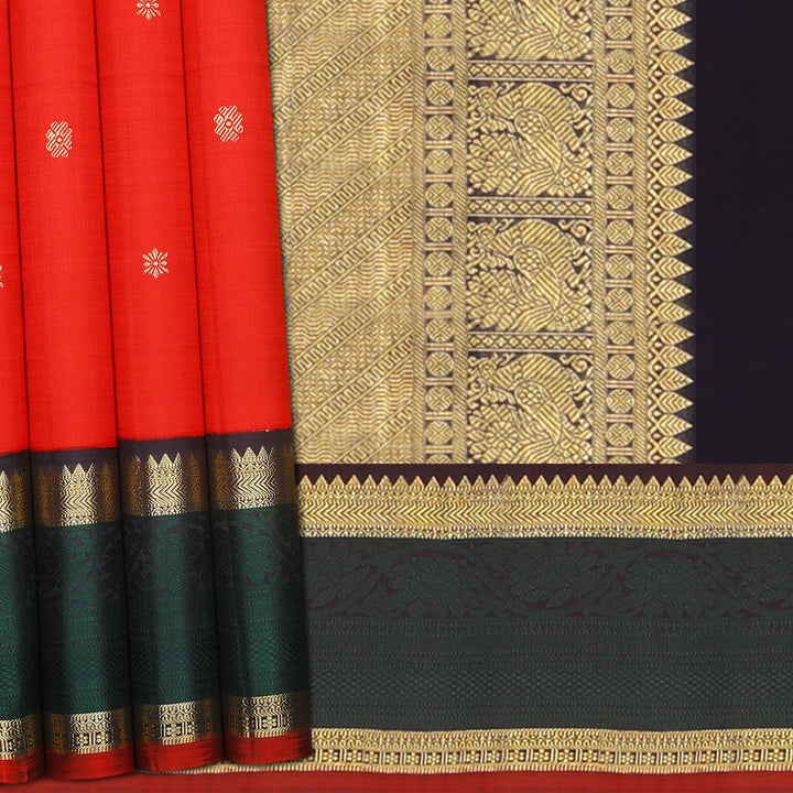 Handwoven Red with Brown and Black Kanjivaram Silk Saree - 1489T005152DSC
